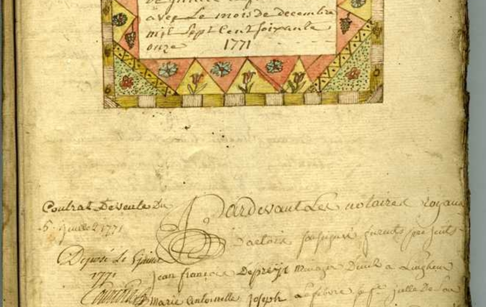 Document manuscrit sur lequel on lit "Trente quatrième registre aux actes réciproques de l'étude du notaire Cousin commençant au mois de juillet et finissant avec le mois de décembre mil sept cent soixante onze. 1771". Ce titre est entouré d'un cadre coloré, composé de triangles et de carrés garnis de fleurs