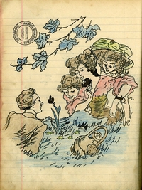 Dessin au feutre et aux crayons de couleurs sur une page de cahier avec lignes et marge. Un homme est allongé dans l'herbe, le buste relevé vers trois jeunes femmes assises devant lui. Une branche d'arbre se trouve au-dessus d'eux, un arrosoir gît dans l'herbe, au milieu de fleurs.