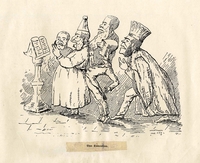 Dessin monochrome de cinq hommes chantant devant un pupitre.