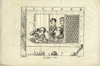 Caricature monochrome montrant une loge au pied d'une fosse (on voit dépasser la manche d'une contrebasse). La dernière partie de la loge, grillagée, occulte l'intérieur de la loge mais plus en avant, on voit apparaître quatre hommes et une femme. Le plus proche de la scène regarde dans une lunette en tenant un bouquet de fleurs, deriière lui, la femme assise lit un programme sur lequel on voit écrit "Fernand Cortel". À ses côtés, un homme de profil a posé sur le bord du grillage le même programme. Enfin, les deux derniers restent debout, dont un qui regarde en direction de la scène à travers un monocle fixé sur sa tête.