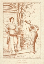 Dessin monochrome montrant deux femmes vêtues de toges. La première présente un étal de fruits que regarde la seconde, une lyre sur son épaule.
