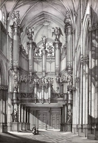 Dessin noir et blanc d'un orgue apparaissant au balcon intérieur d'une cathédrale.