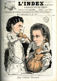 Une de journal colorisée où l'on voit, sous la manchette, une caricature de deux femmes, la tête disproportionnée par rapport au reste du corps. Celle de gauche, debout, joue du violon tandis que celle de droite, assise, joue du violoncelle.