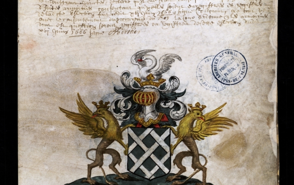Document manuscrit composé d'un texte et d'un dessin (blason surmonté d'un heaume, entouré de deux griffons, le tout en couleur)