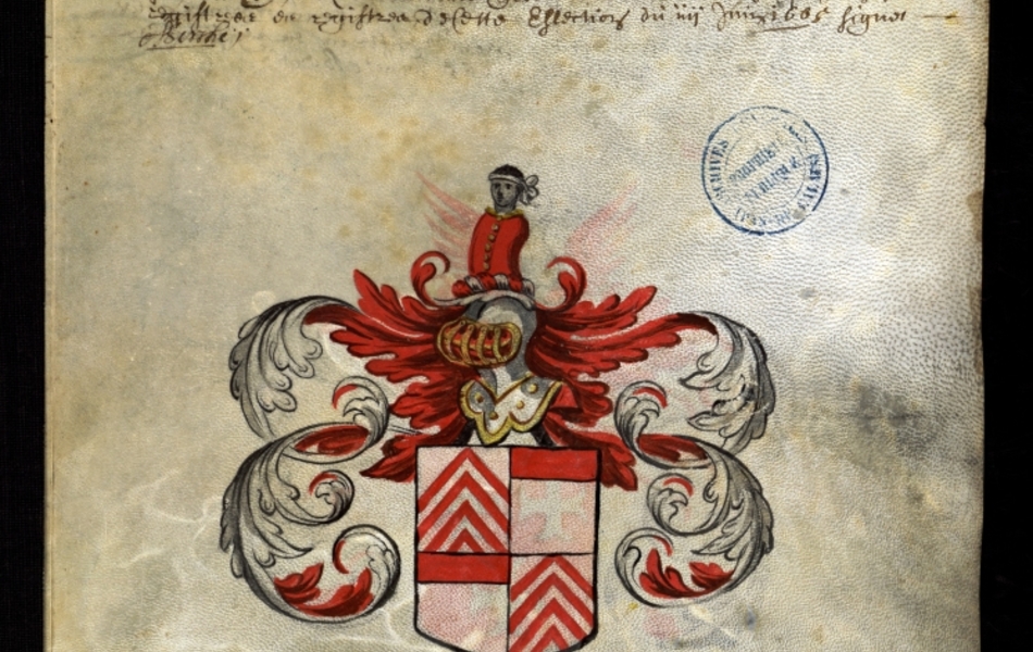 Document manuscrit composé d'un texte et d'un dessin (blason surmonté d'un heaume, le tout en couleur)