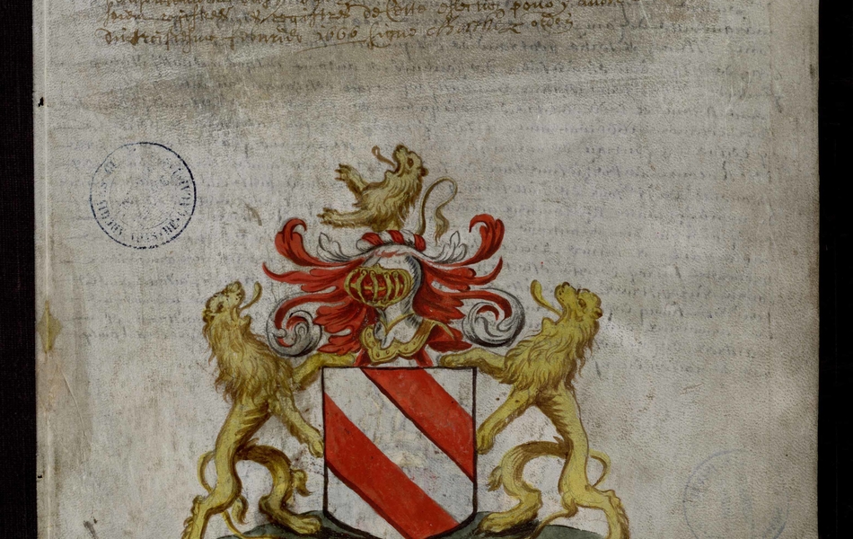 Document manuscrit composé d'un texte et d'un dessin (blason surmonté d'un heaume, entouré de deux lions, le tout en couleur)