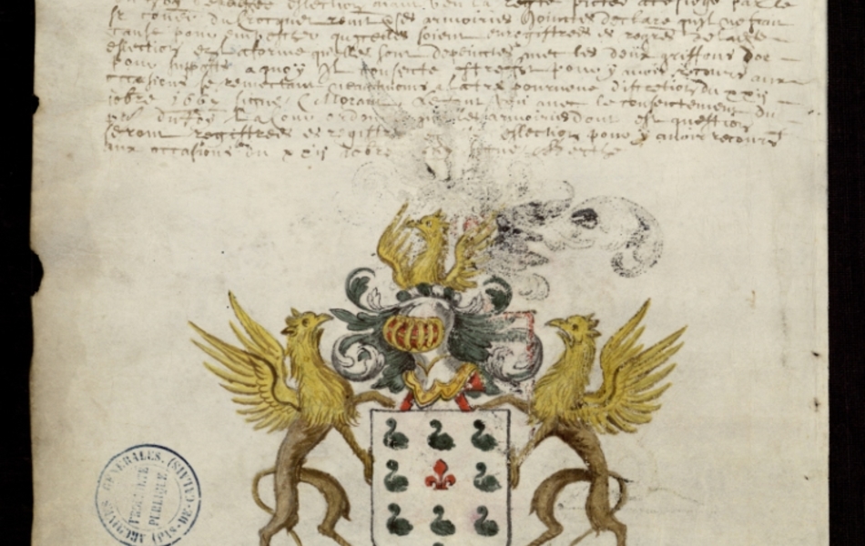 Document manuscrit composé d'un texte et d'un dessin (blason surmonté d'un heaume, entouré de deux griffons, le tout en couleur)