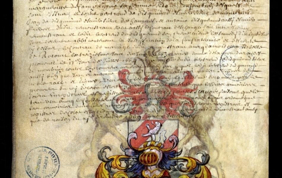 Document manuscrit composé d'un texte et d'un dessin (blason surmonté d'un heaume, le tout en couleur)