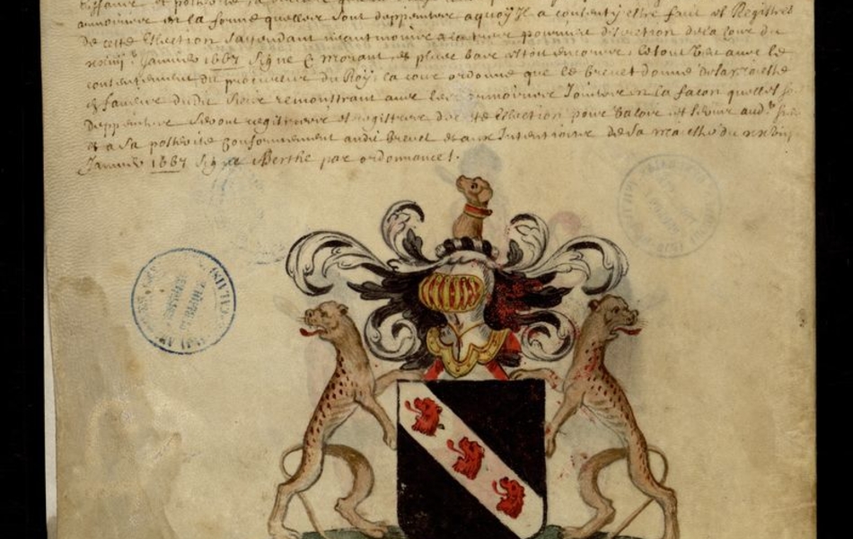 Document manuscrit composé d'un texte et d'un dessin (blason surmonté d'un heaume, entouré de deux guépards, le tout en couleur)