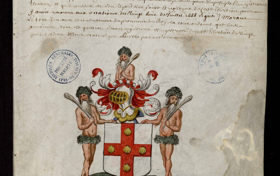 Document manuscrit composé d'un texte et d'un dessin (blason surmonté d'un heaume, entouré de deux hommes, le tout en couleur)