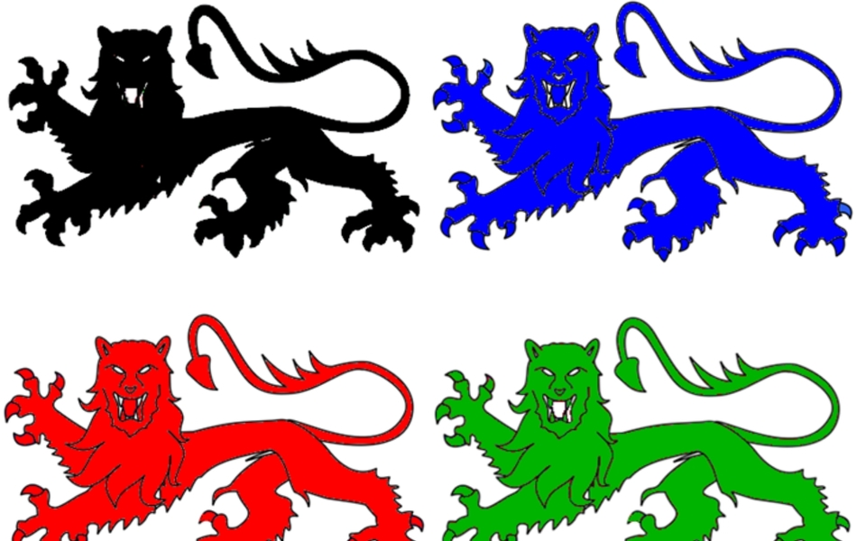 Sept lions colorisés.