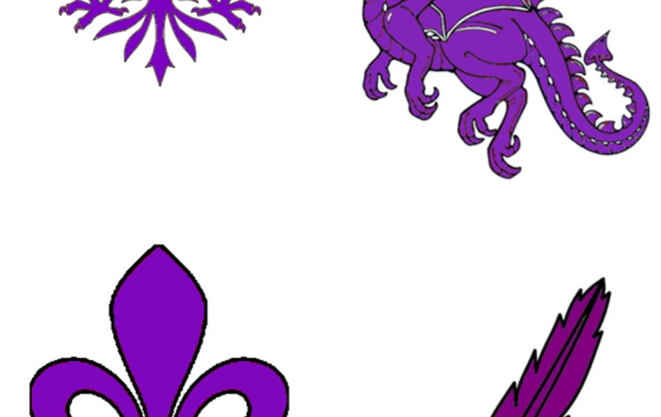 Aigle, dragon fleur de lys et plume coloriés en violet.