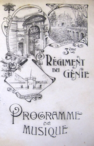 Couverture noir et blanc d'un programme de musique illustré par trois dessins représentant la citadelle, le cercle des officiers et le quartier Schramm.