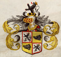 Blason écartelé composé de deux lions et de deux sangliers, surmonté d'un heaume sur lequel se trouve un lion couronné.