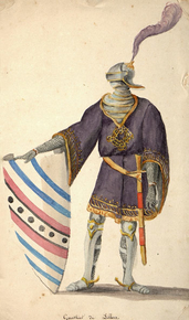 Homme de face avec le visage de profil.  L'homme est vêtu d'une tunique violette bordée d'or sur une armure complète.  Une épée est suspendue à sa ceinture.  Il est coiffé d'un heaume gris avec une grande plume mauve qui recouvre entièrement son visage.