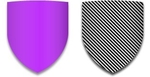 Blason violet à côté d'un blason blanc recouvert de diagonales partant du haut à gauche.