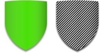 Blason vert à côté d'un blason blanc recouvert de diagonales partant du haut à droite.
